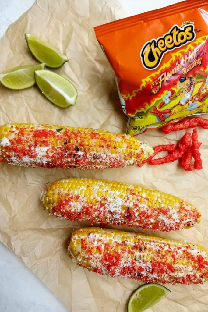 Elote with hot Cheetos.