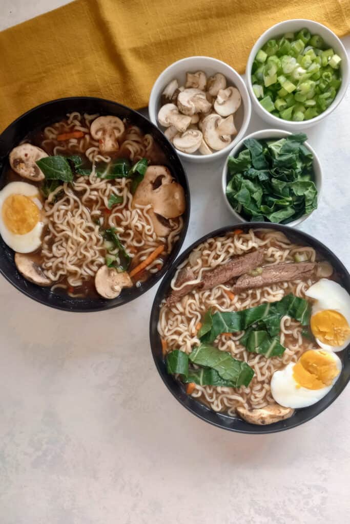 Tiktok noodle soup full of protein and leafy green vegetables. Perfect for a chilly winter day.