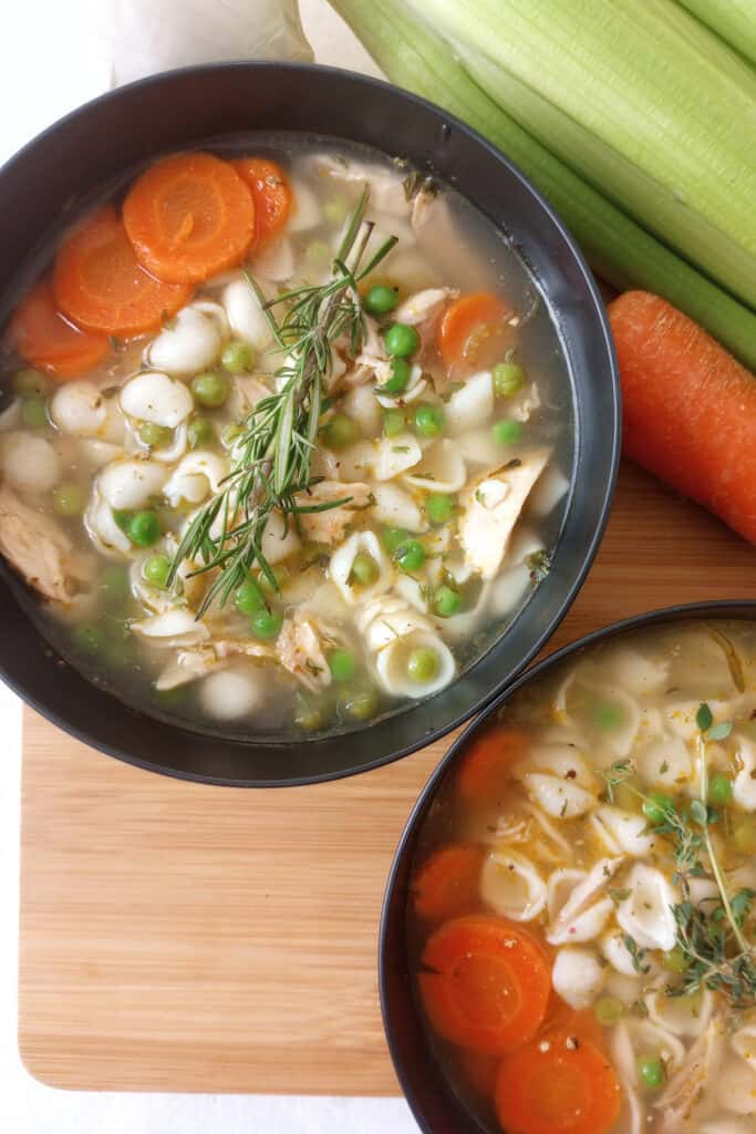 Leftover turkey noodle soup with fresh vegetables, herbs, and spices.