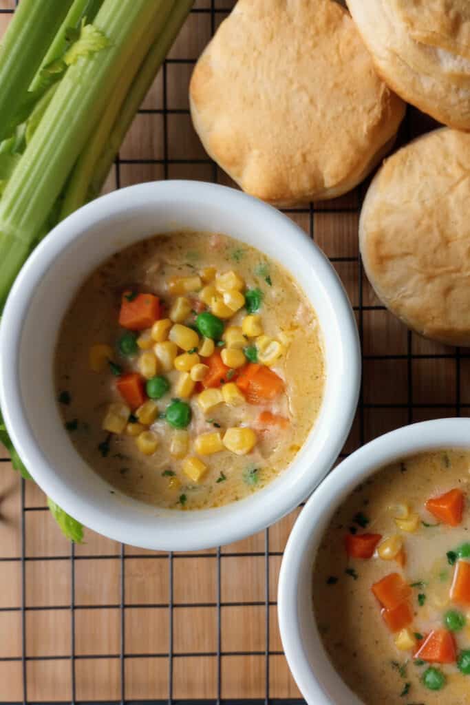 Potbelly chicken potpie soup is heavenly topped with crumbled piecrust.
