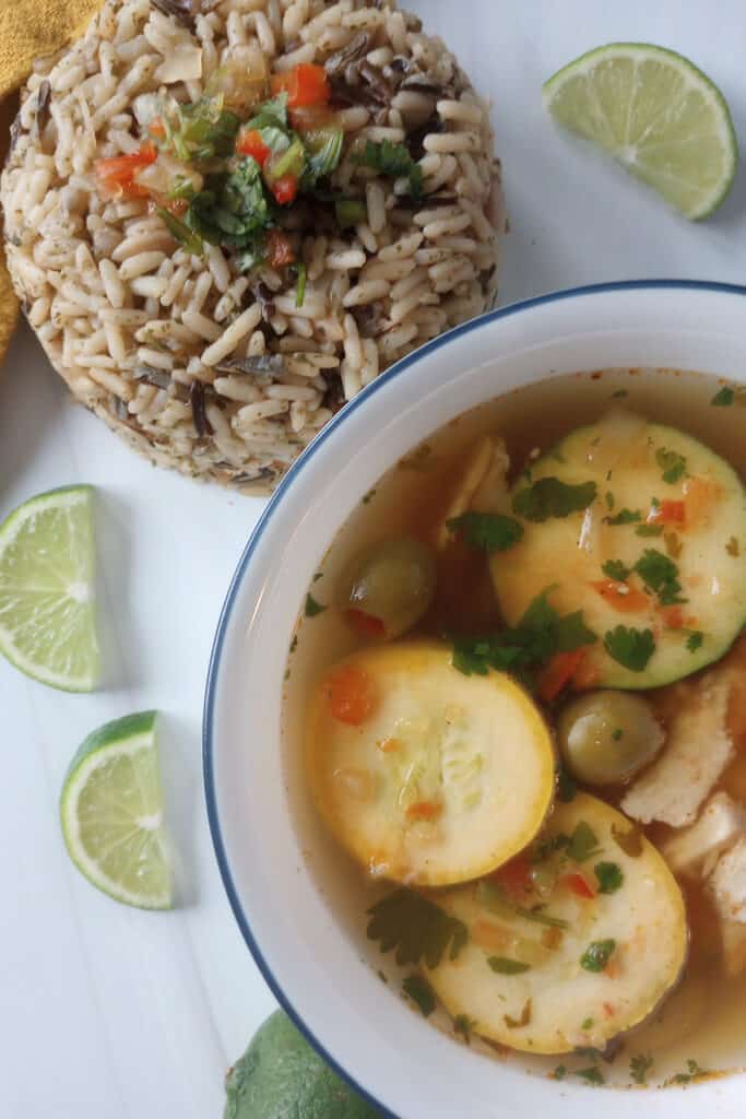 Mexican chicken soup with fresh lime really sets the tone for this soup. Especially with fresh zucchini and squash.