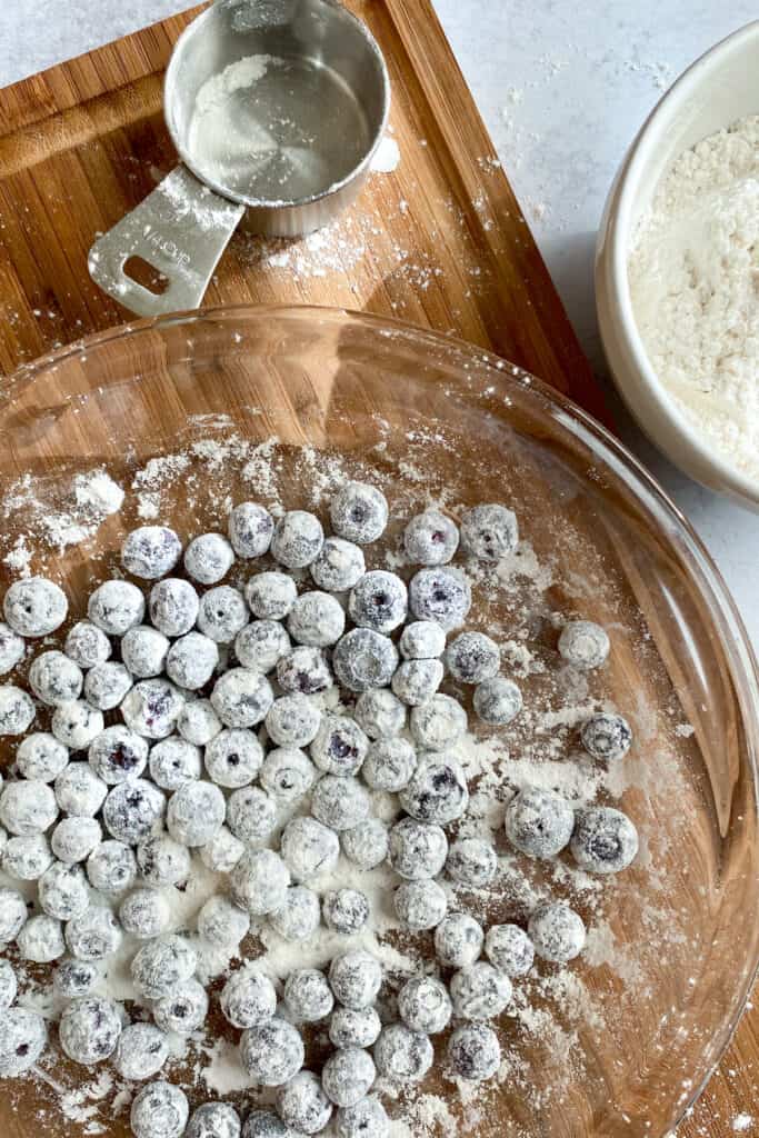 Thawed frozen blueberries with a light dusting of flour to help prevent bleeding.