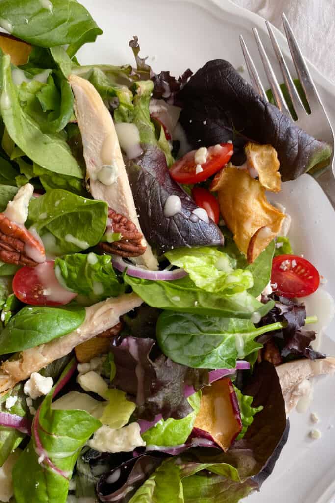 Close up of the fuji apple salad with vinaigrette dressing on top.