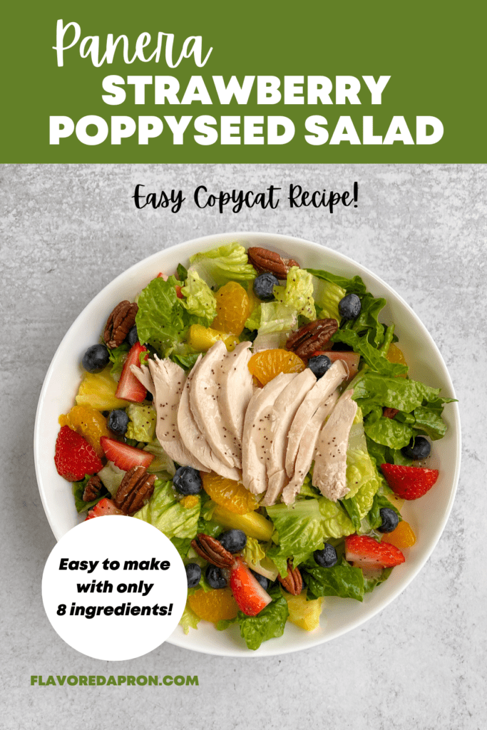 Homemade version of Panera's Strawberry Poppyseed Salad with text overlay saying that it's an easy copycat recipe and only has 8 ingredients.