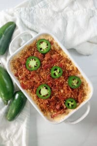 Bacon jalapeno mac topped with toasted breadcrumbs and sliced jalapenos. 