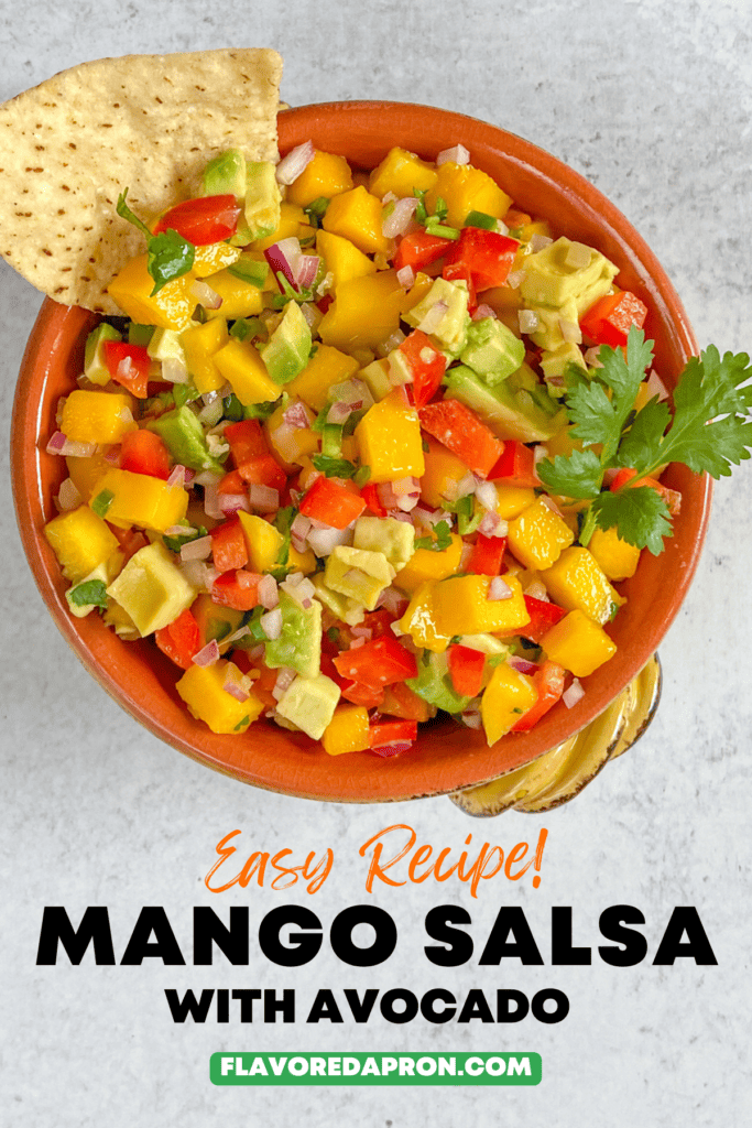 Pinterest pin for fresh mango salsa with avocado.