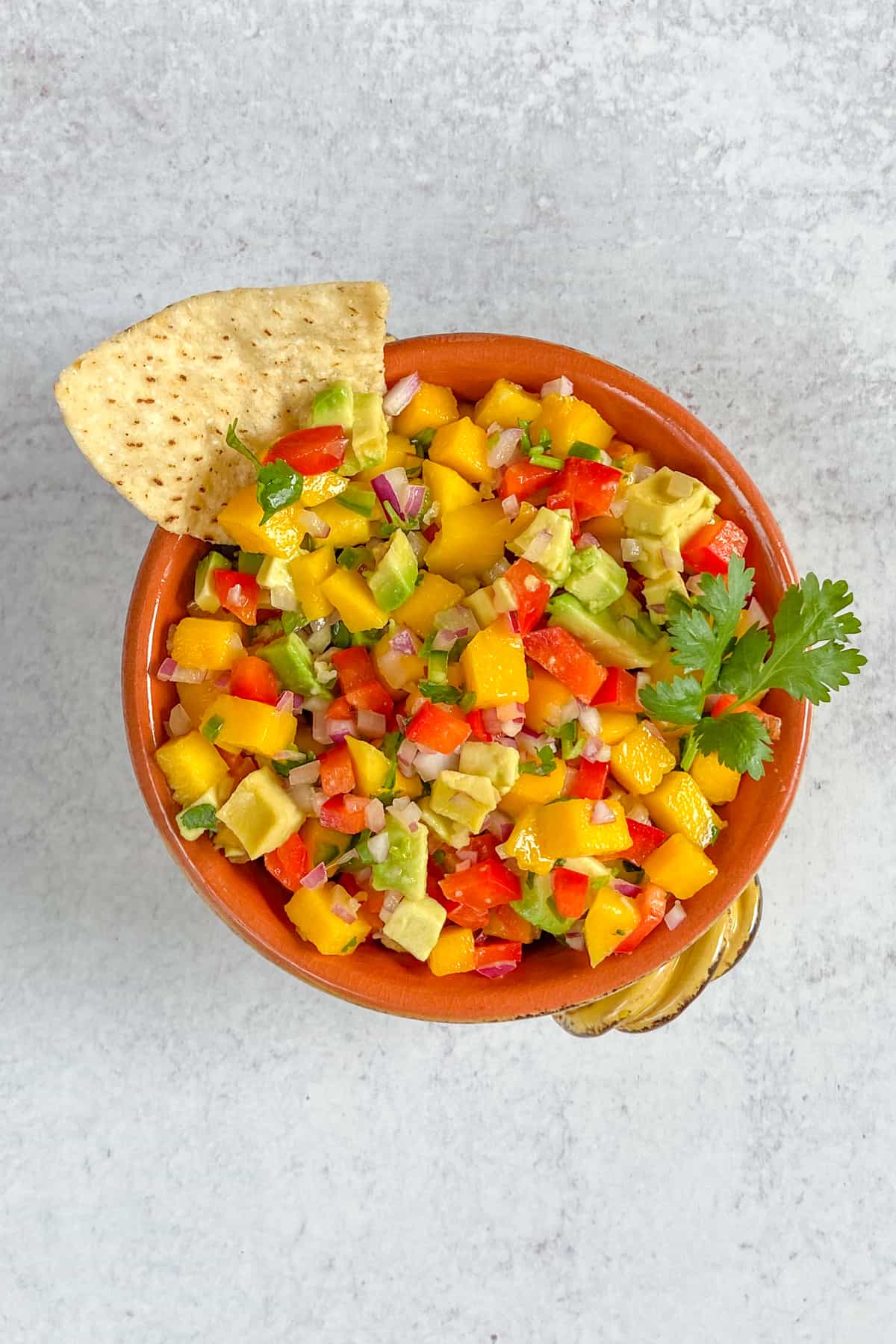 Bowl of mango avocado salsa with tortilla chip in it.