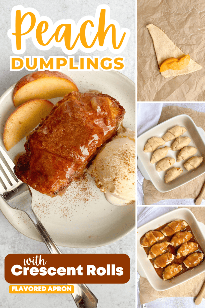 Pinterest pin for easy peach dumplings with crescent rolls.