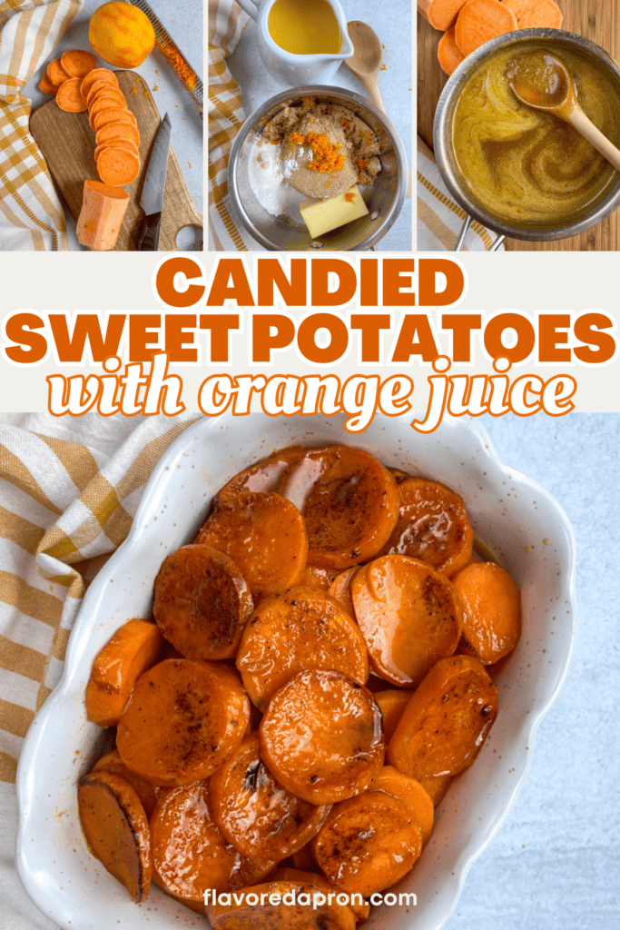 Pinterest image for candied sweet potatoes with orange juice.