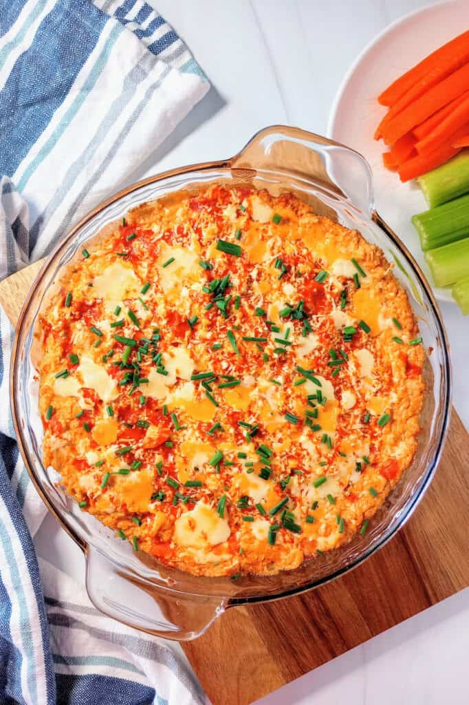 Buffalo chicken dip bubbling, hot, fresh out of the oven.