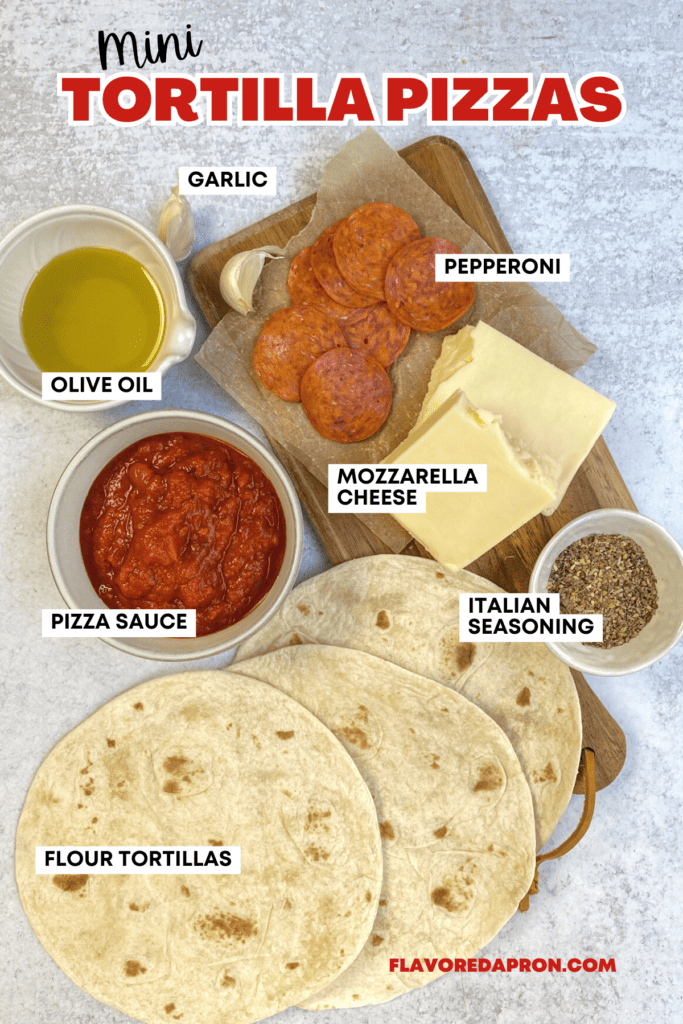 All the ingredients needed to make homemade pizzas on tortillas, including flour tortillas, pizza sauce, mozzarella cheese and pepperoni.