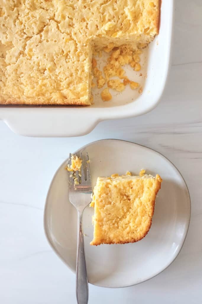 Corn casserole on a plate ready to eat!