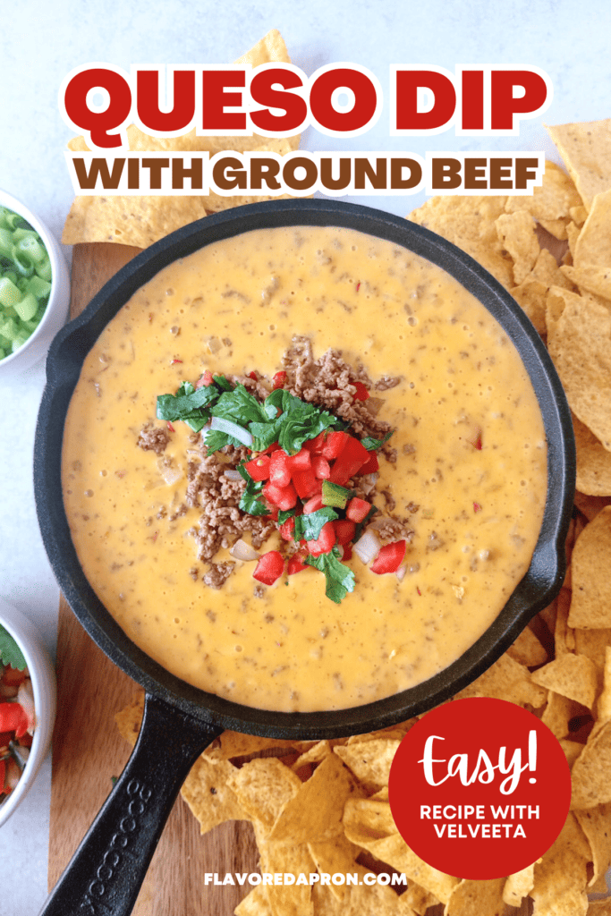 Pinterest pin for queso dip with ground beef recipe.