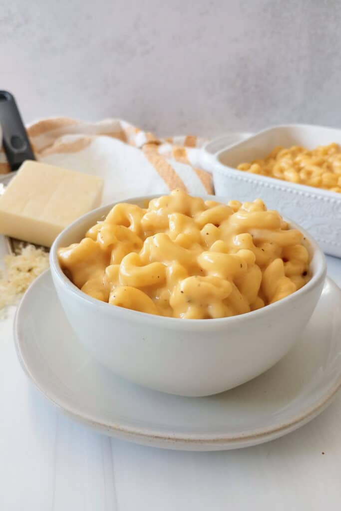 TikTok mac and cheese in a white bowl next to block cheese and a white casserole dish. 