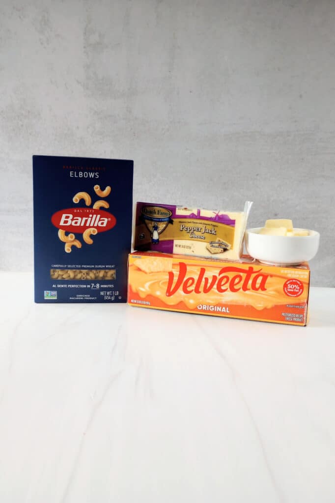 Velveeta cheese, block pepper jack cheese, butter, and barilla elbow noodles. 