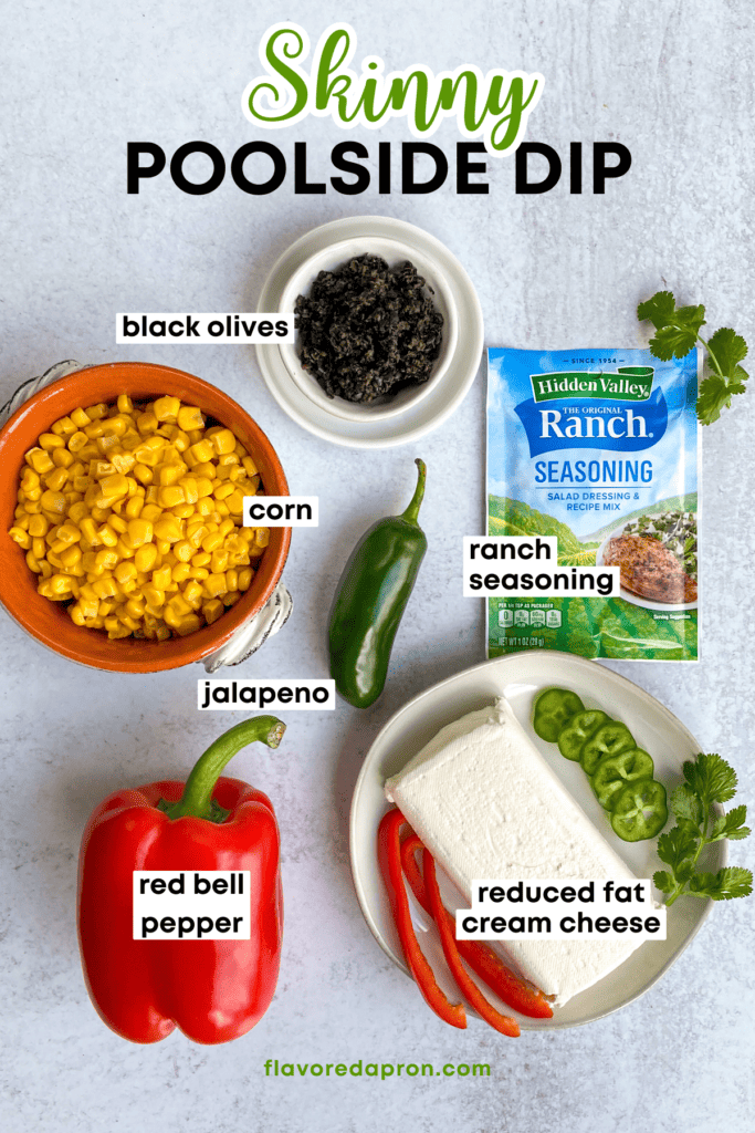Overhead picture of all the ingredients needed to make this recipe, including bowl of chopped olives, bowl of corn, jalapeno, red bell pepper, block of reduced fat cream cheese and packet of ranch seasoning.