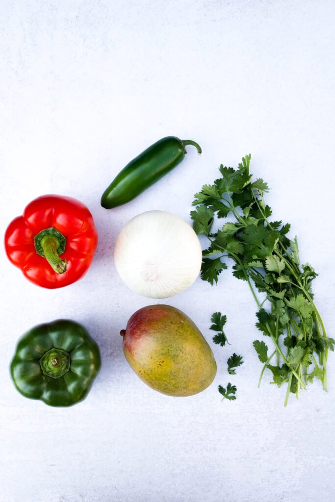 red bell pepper, jalapeno, cilantro, white onion, and green pepper. 