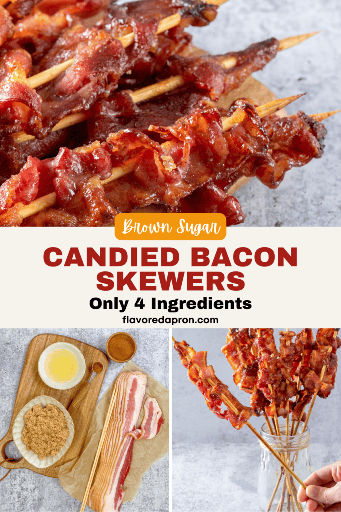 Pinterest pin for candied bacon skewers.