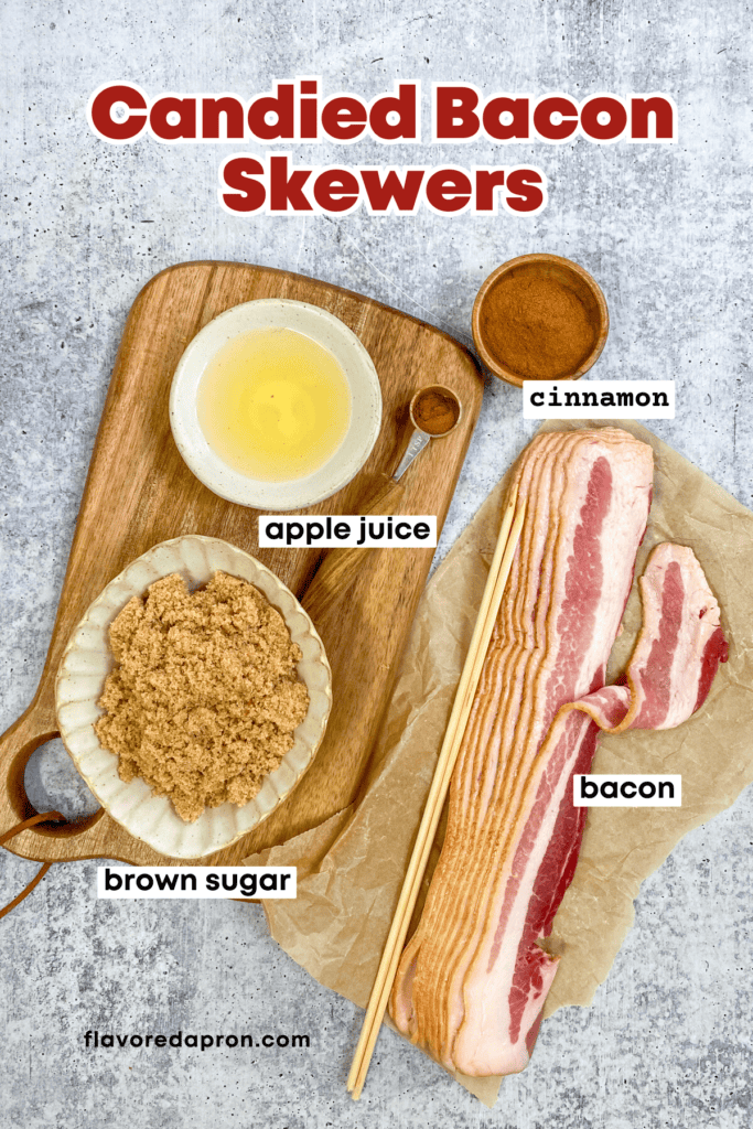 Overhead picture showing strips of bacon and bowls of brown sugar, ground cinnamon and apple juice.