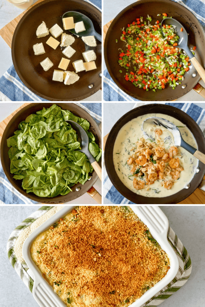 Seafood dip with golden browned breadcrumbs on a green striped oven trivet. 