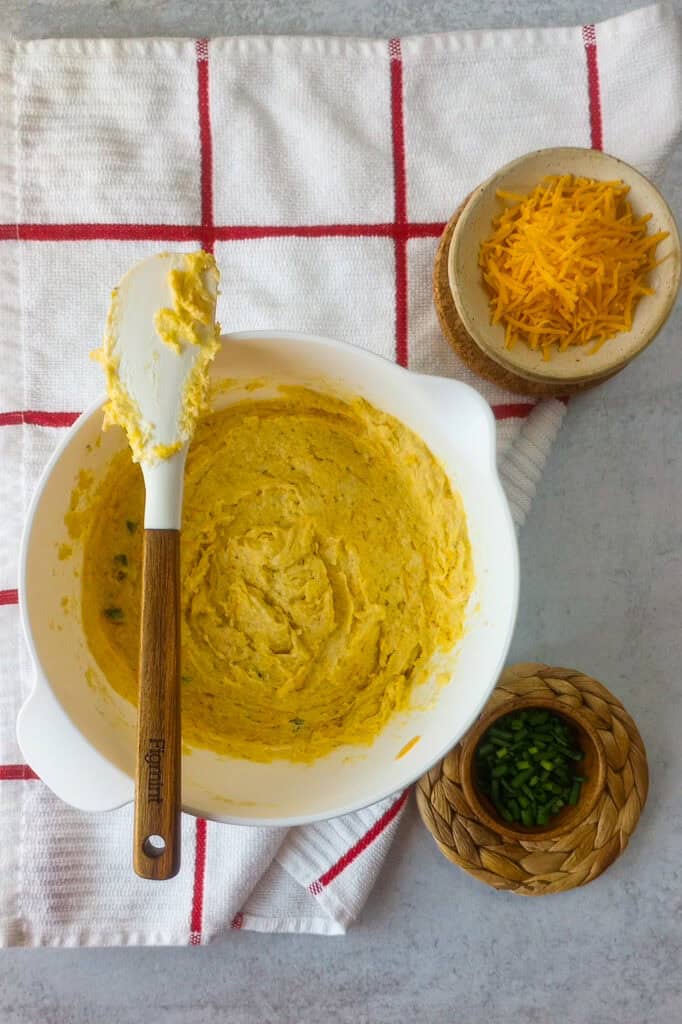 Combined ingredients ready to be spooned into a baking dish and baked in the oven 