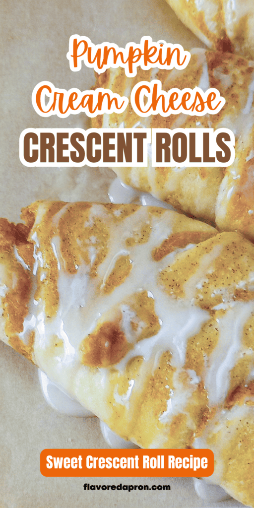 Pinterest pin showing three pumpkin crescent rolls drizzled in vanilla glaze, sitting on a piece of brown parchment paper.