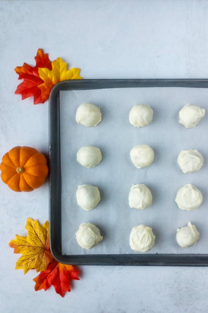 Pumpkin Cheesecake balls dipped in white chocolate. 