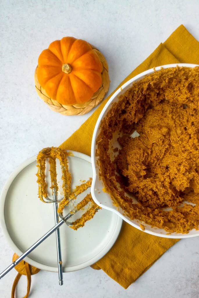 Pumpkin filling blended and ready to be chilled in the refrigerator. 