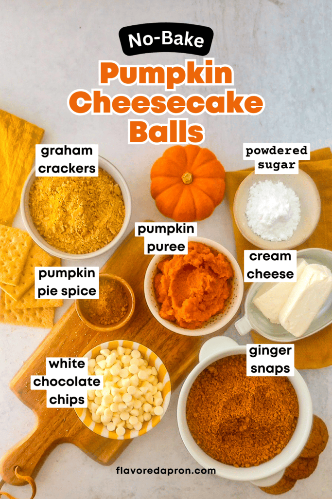 Overhead photo of ingredients needed to make no-bake pumpkin cheesecake truffles in small bowls.