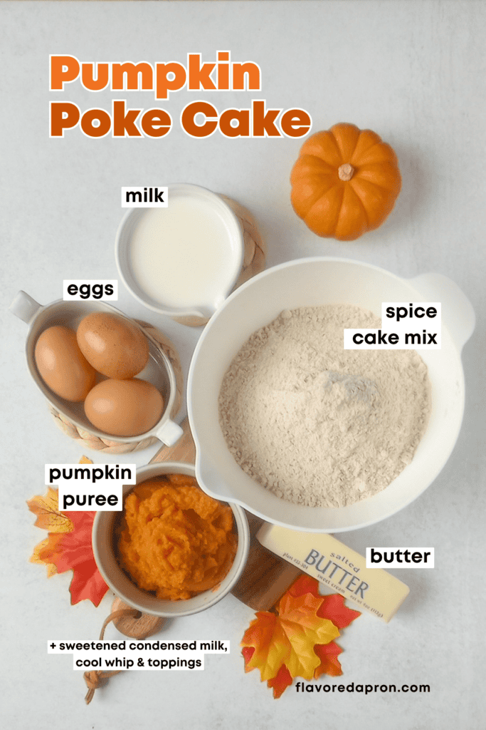 Overhead pictures showing all the ingredients needed to make this pumpkin dessert with labels next to each.