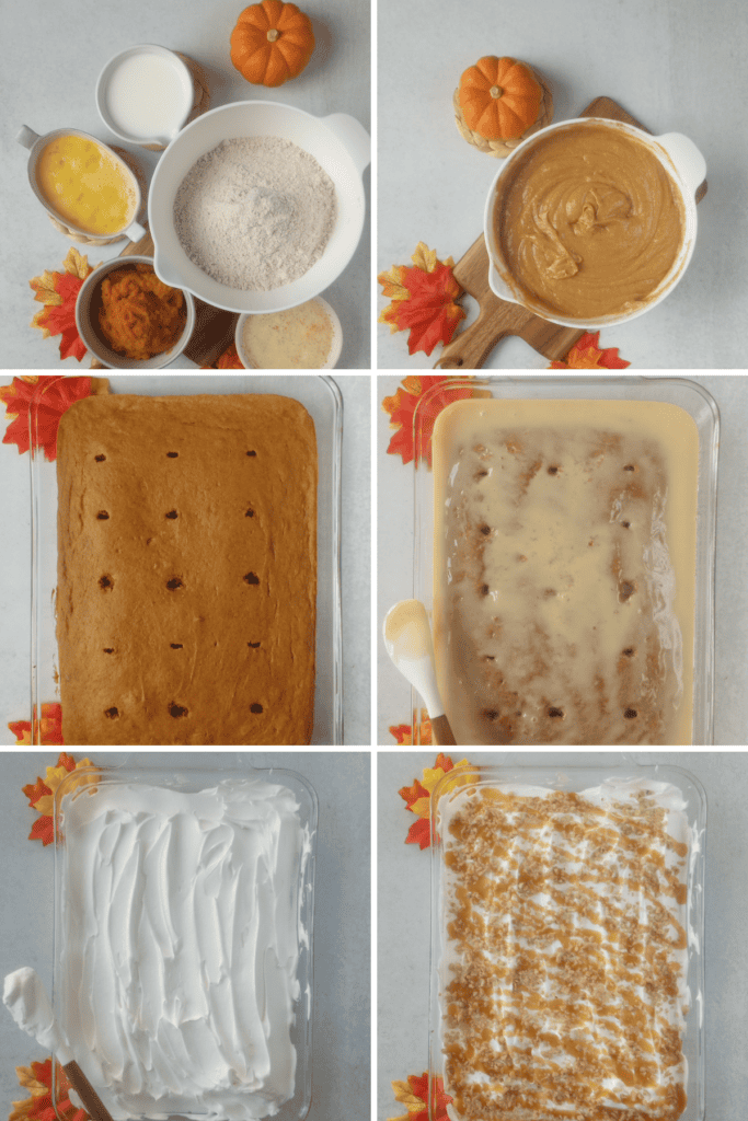 All ingredients needed to make this pumpkin poke cake next to the mixing bowl with boxed cake mix. 