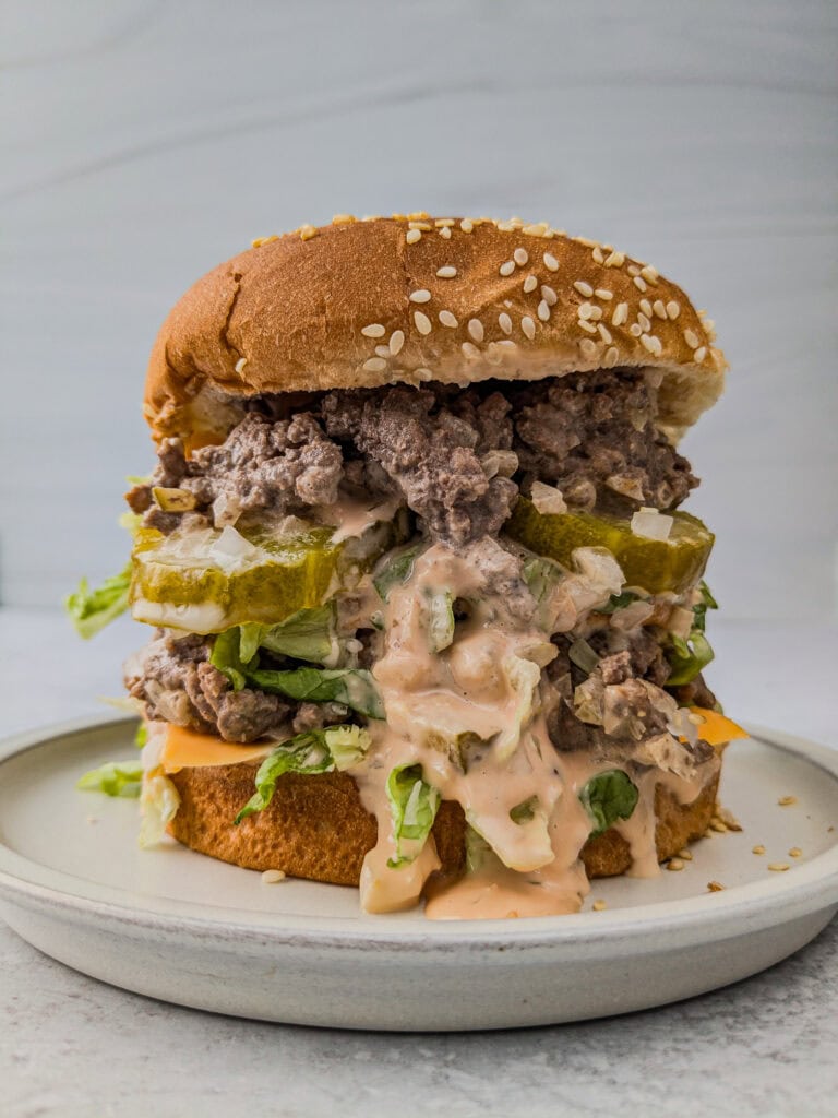 Picture of big Mac sloppy Joe on a white plate.