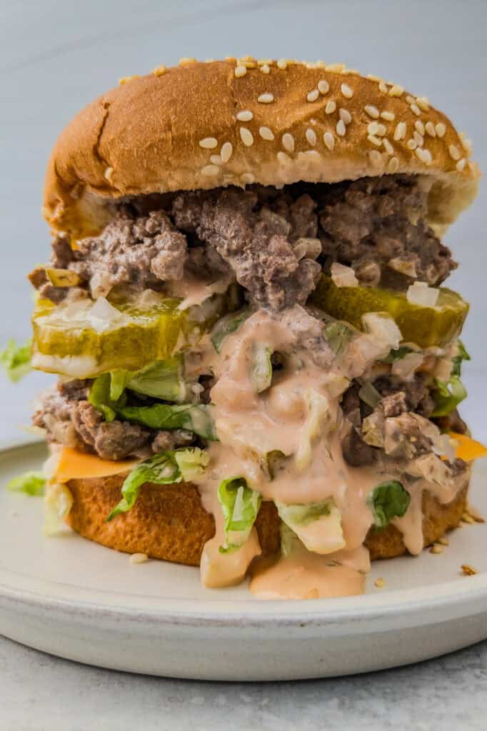 Picture of Big Mac sloppy on a white plate with all the ingredients showing. 