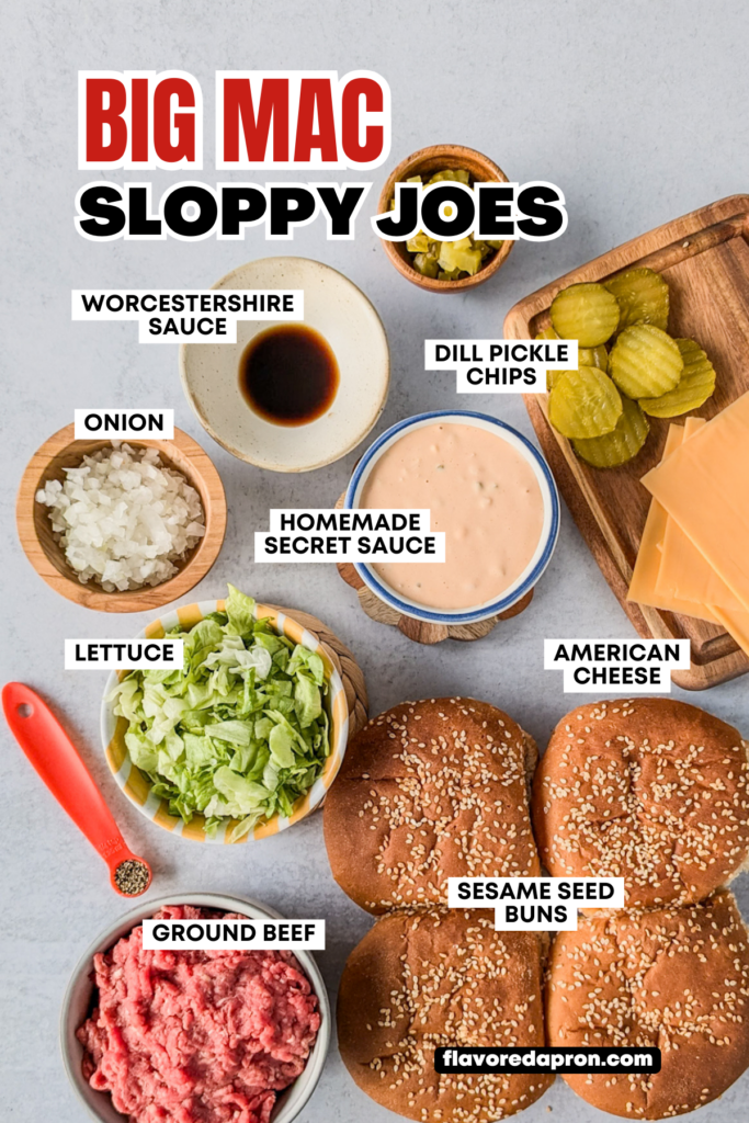 Overhead picture showing all the ingredients needed to make big mac sloppy joes, with each ingredient labeled.