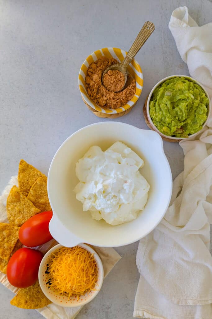 Overhead picture of taco dip ingredients. 