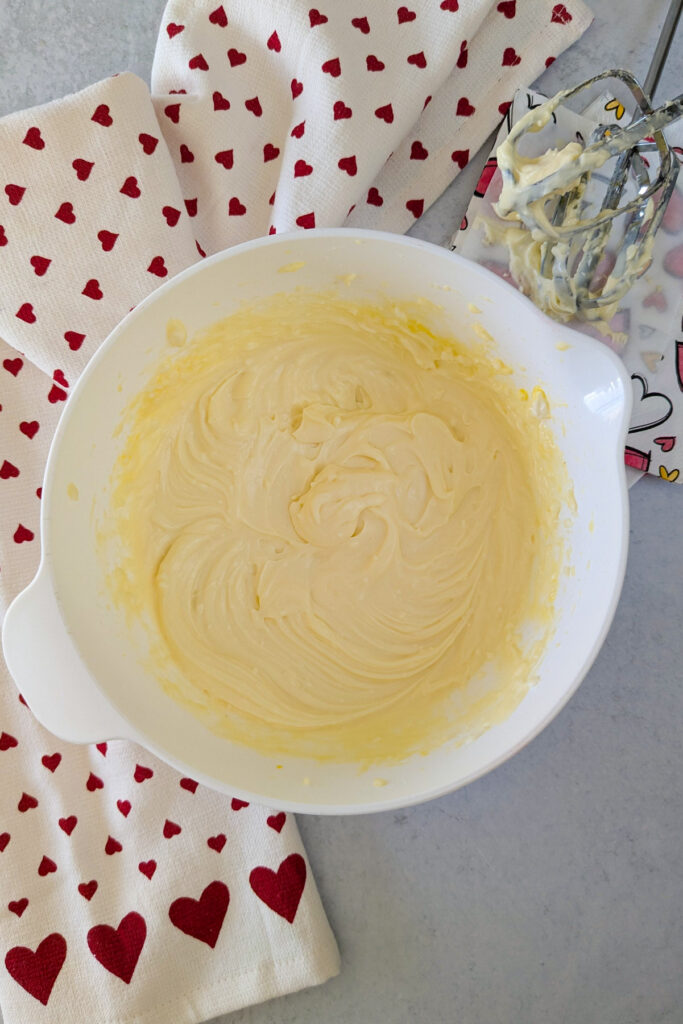 Overhead picture of cheesecake batter.