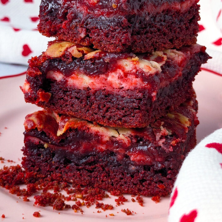 Up close picture of brownies on a pink and red plate.