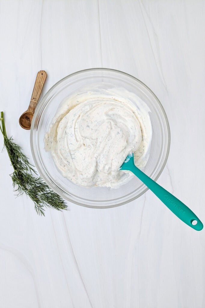 Overhead picture of ingredients mixed together and ready to be chilled in the refrigerator. 