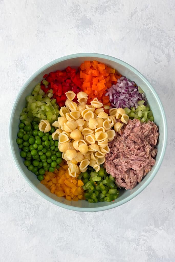 Overhead picture of all the ingredients in a bowl ready to be stired.