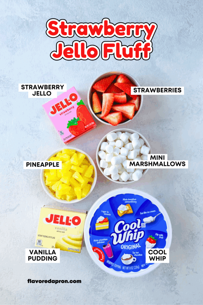 Overhead picture of ingredients needed to make strawberry jello fluff or pink salad.